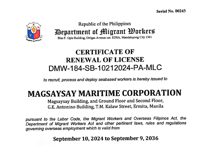 Presidential Awardee MAGSAYSAY, Renews License with 12 Years Validity